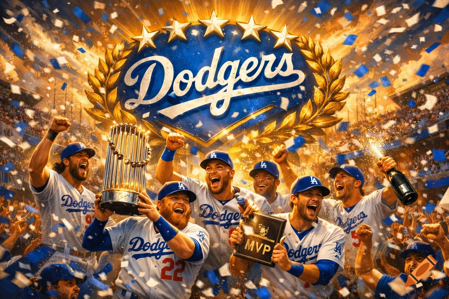 LA Dodgers baseball players celebrate a World Series victory with a trophy, MVP award, champagne, and confetti in a stadium.