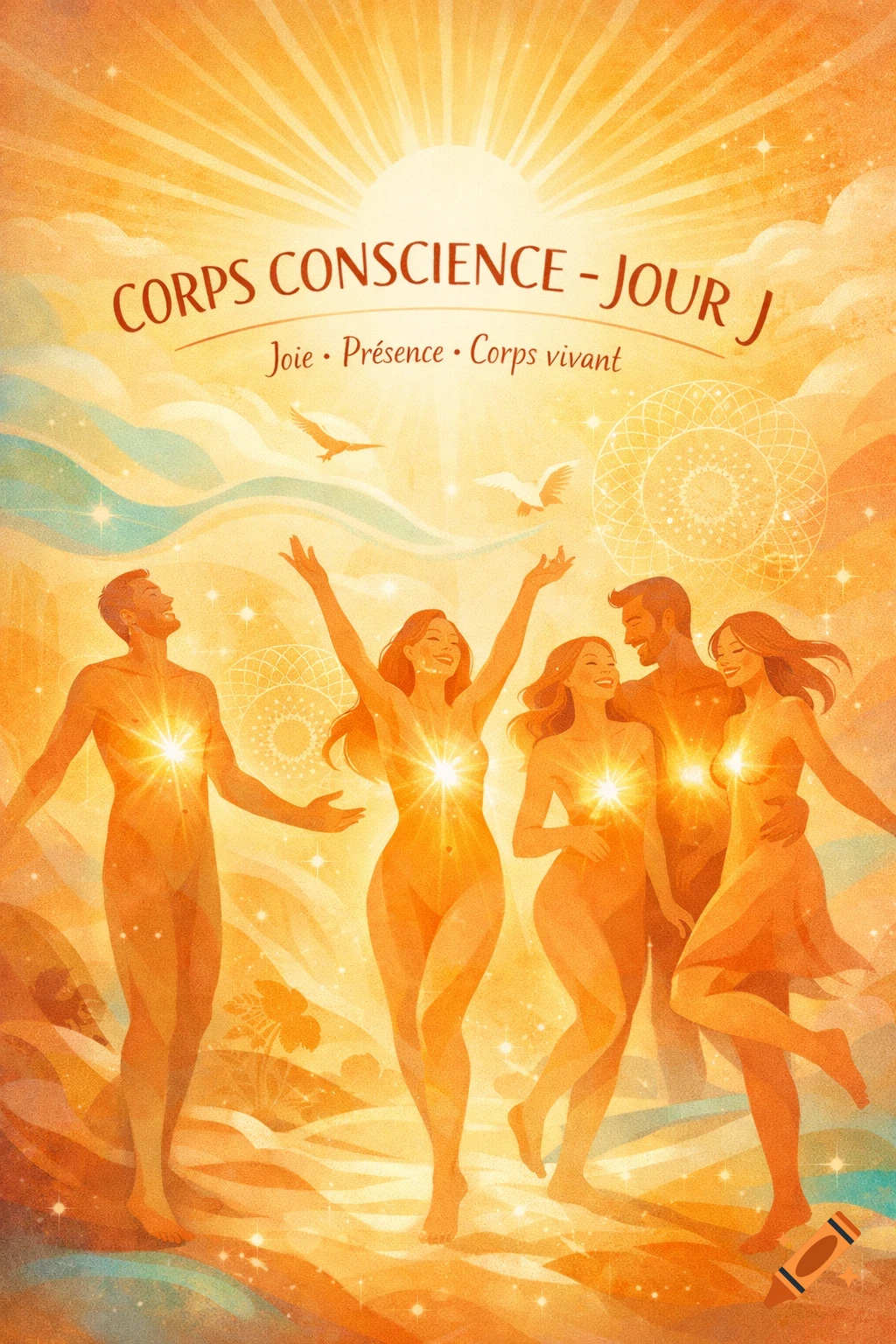 A stylized, radiant illustration of joyful nude human figures, with light emanating from their chests, under a sun with text.