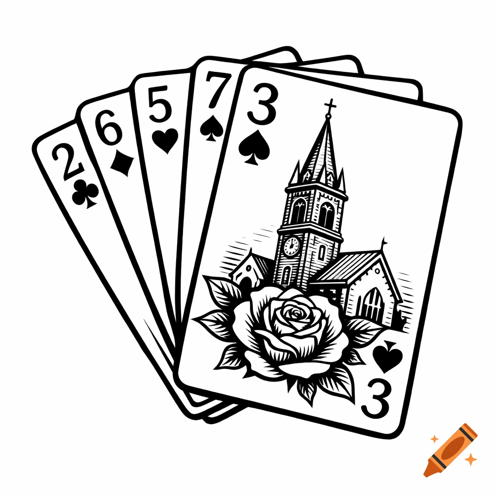 Black and white illustration of five fanned playing cards, with the 3 of Spades featuring a church steeple and a rose.