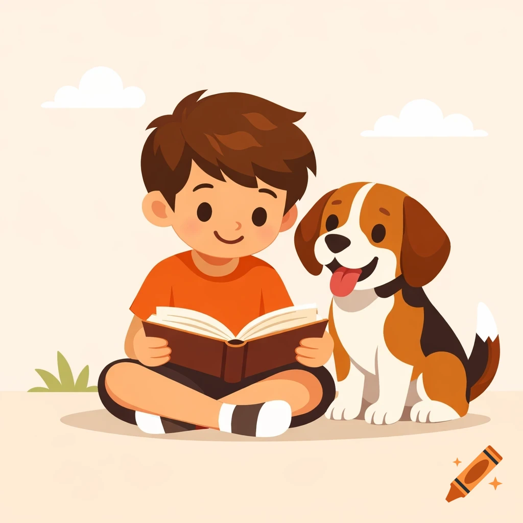 A cartoon boy sits cross-legged, reading a book next to a happy beagle.
