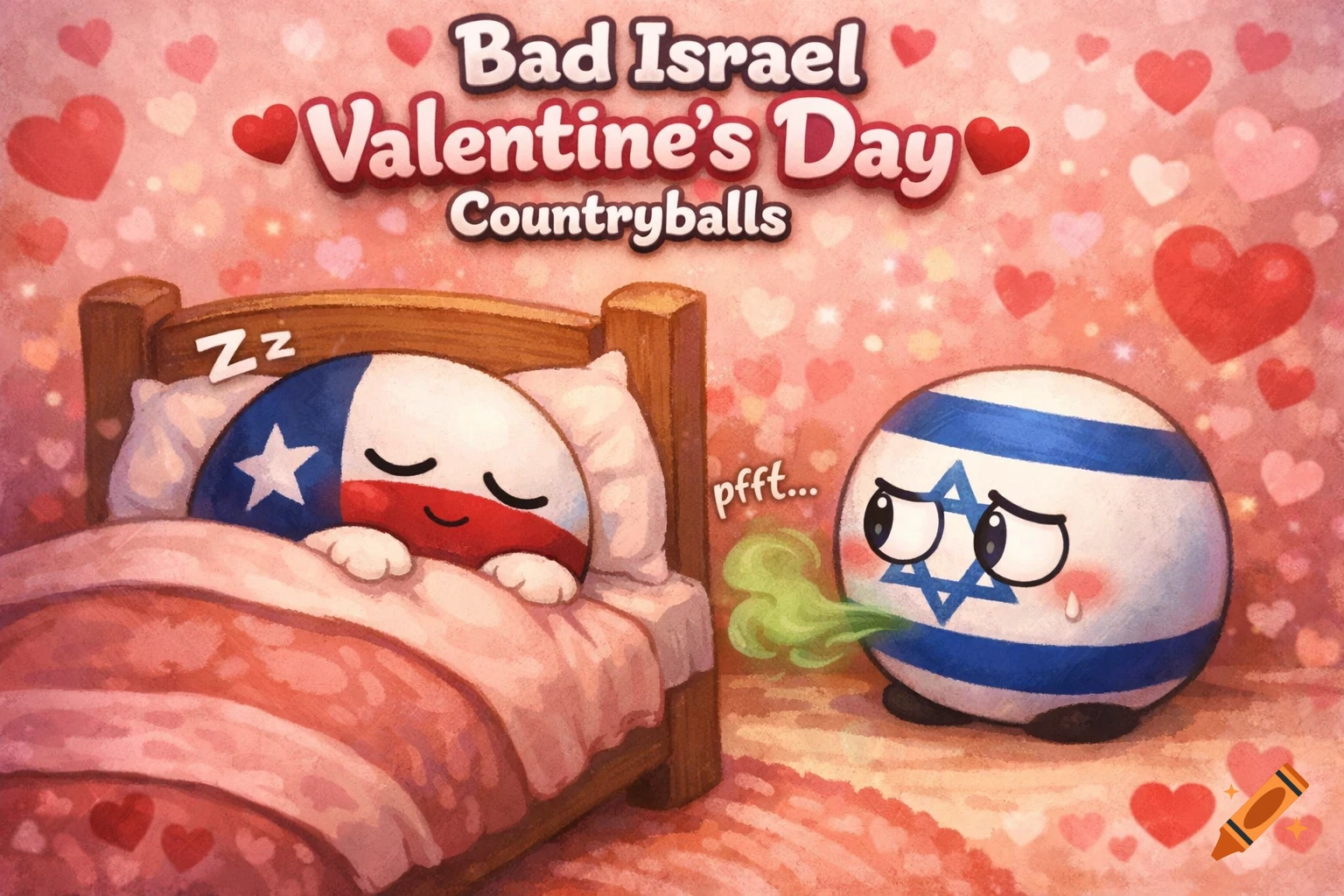 Cartoon countryball of Texas sleeps in bed as Israel countryball farts. Text: "Bad Israel Valentine's Day Countryballs". Pink, heart-filled background.