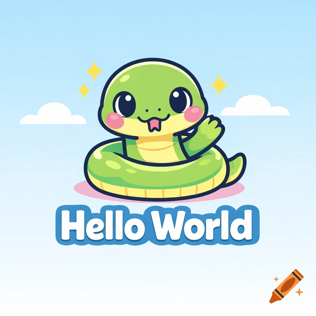 Cute green cartoon snake mascot coiled, waving, with 'Hello World' text on a light blue sky background.