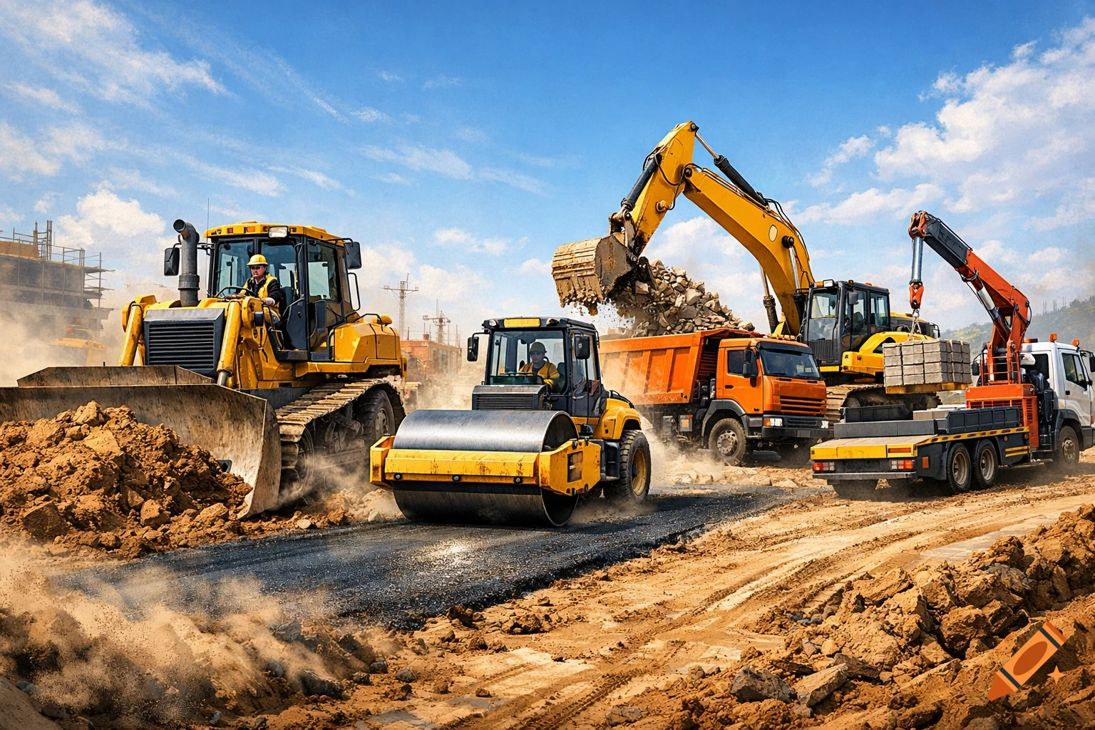 Photorealistic image of construction vehicles working on a dusty site, with a bulldozer, roller, excavator, and dump truck.