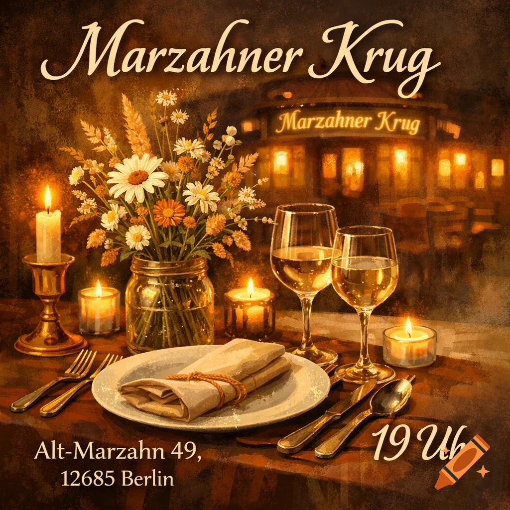 A warm, painterly image of a dinner table set with flowers, candles, wine, and cutlery, inside the 'Marzahner Krug' restaurant, with address and time.