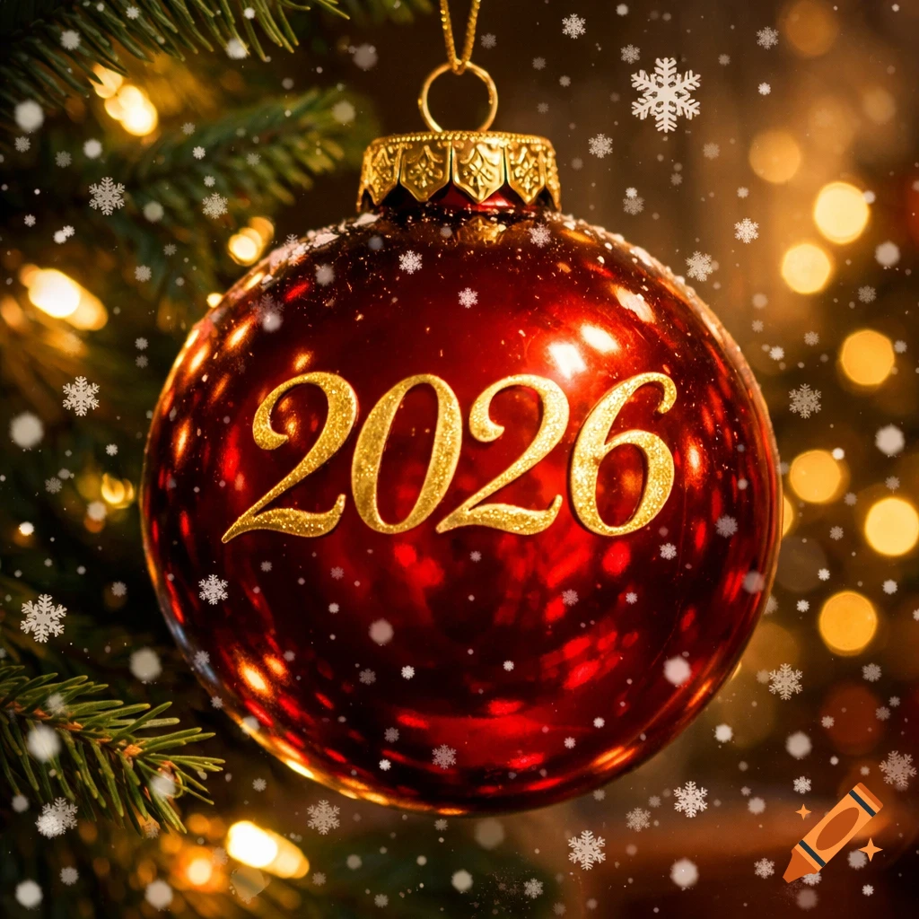 A close-up of a red Christmas ornament with "2026" in gold glitter, hanging on a green Christmas tree with lights and snowflakes.