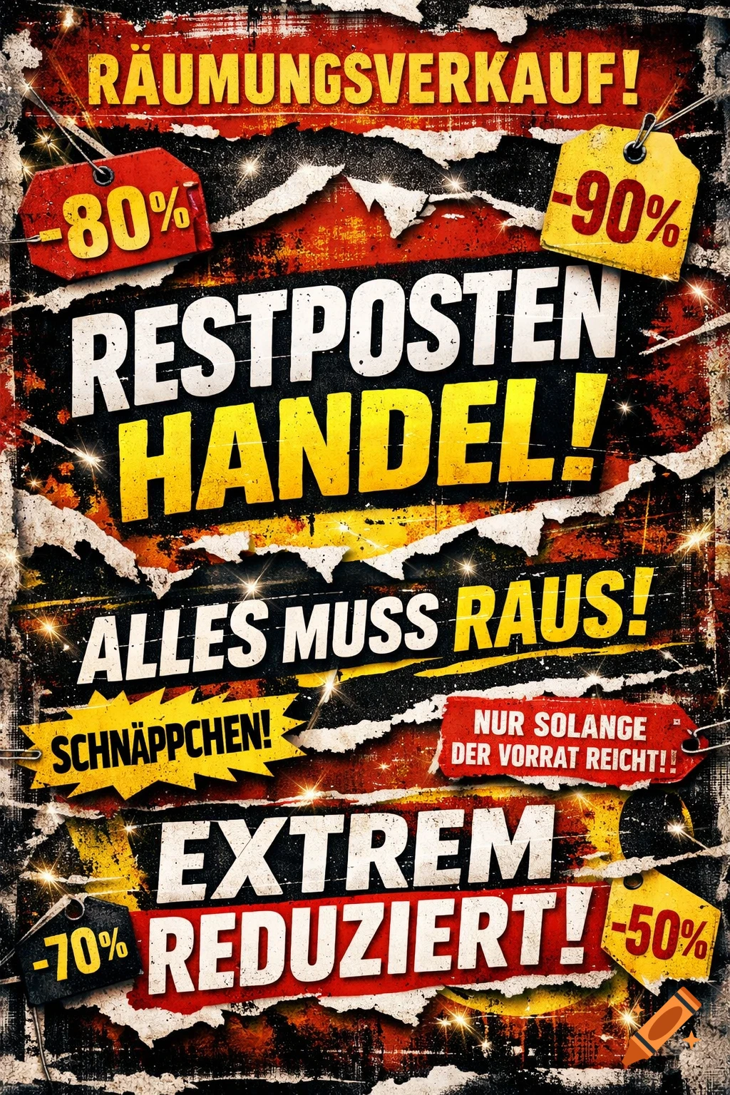 Distressed grunge-style German sale poster with bold text, torn paper effects, and discount tags up to -90%.