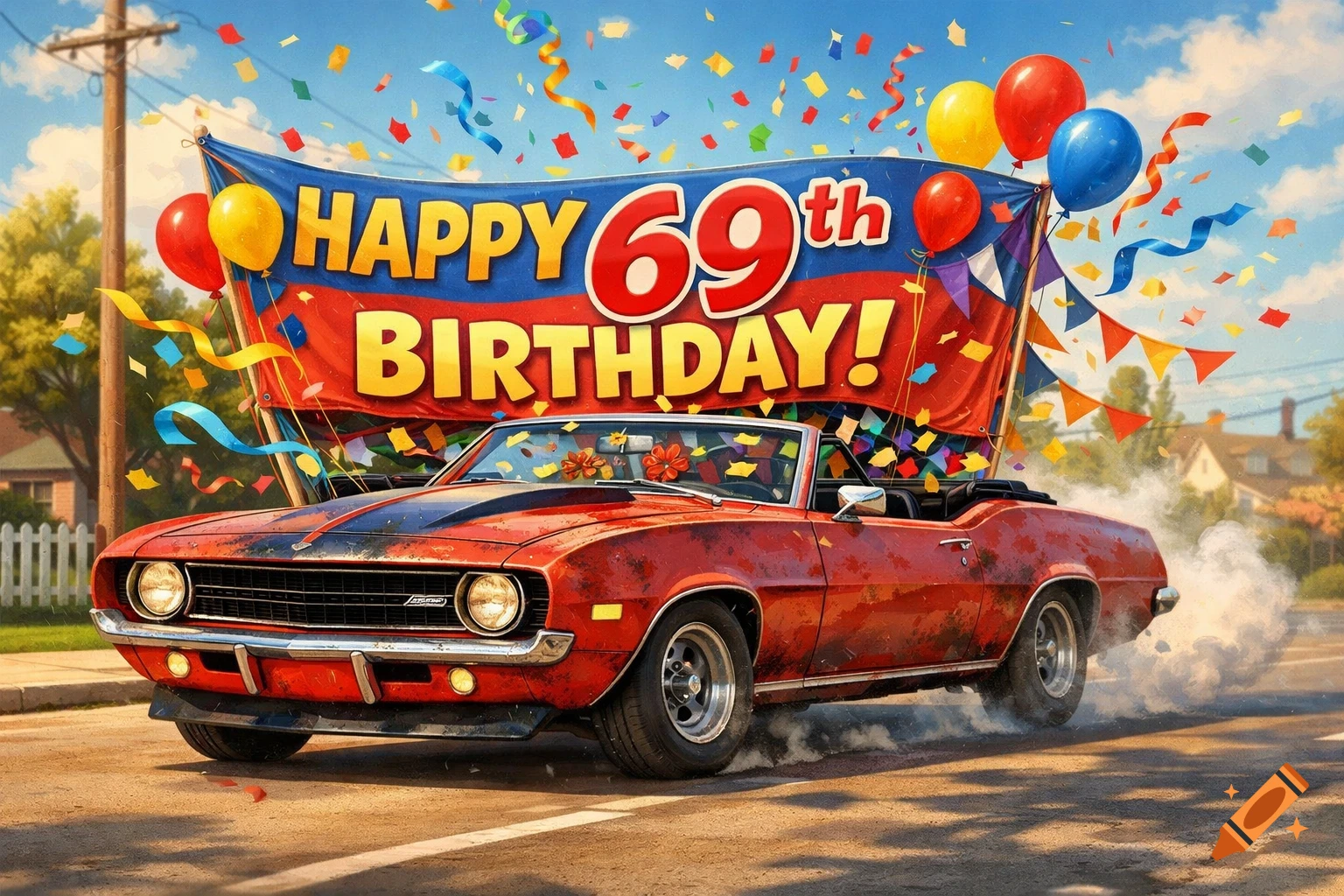 A red vintage convertible car with a 'HAPPY 69th BIRTHDAY!' banner, confetti, and balloons on a sunny street, illustration.