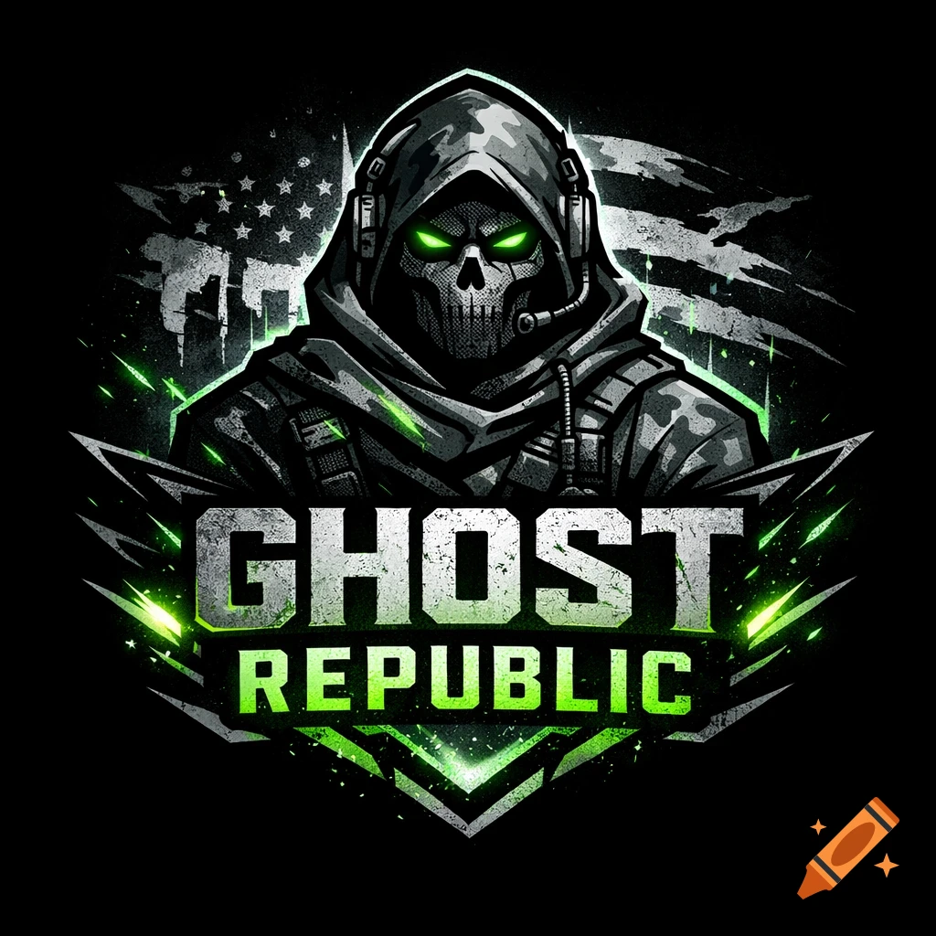 A tactical ghost logo featuring a hooded skull with glowing green eyes and headphones, above the text GHOST REPUBLIC and a distressed US flag.