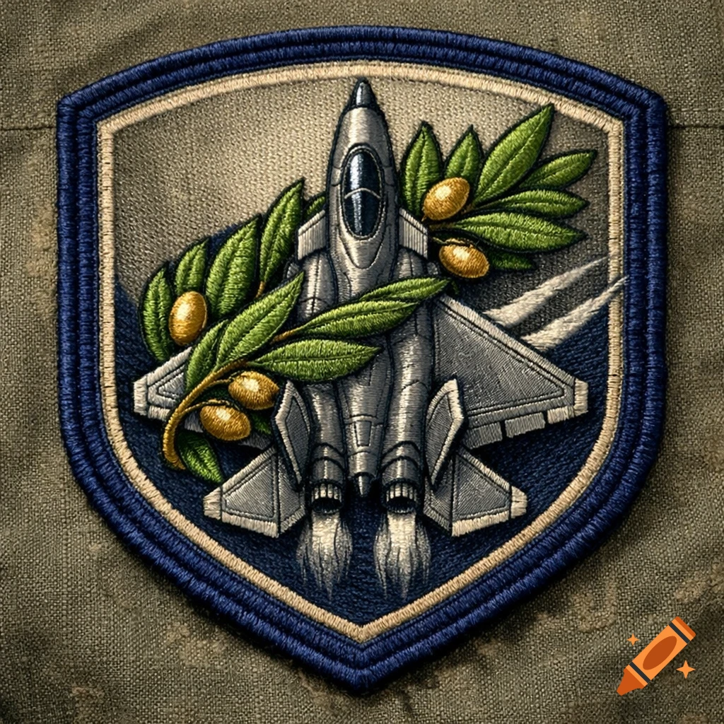 Embroidered military-style patch featuring a silver fighter jet flanked by green olive branches within a blue-bordered shield.