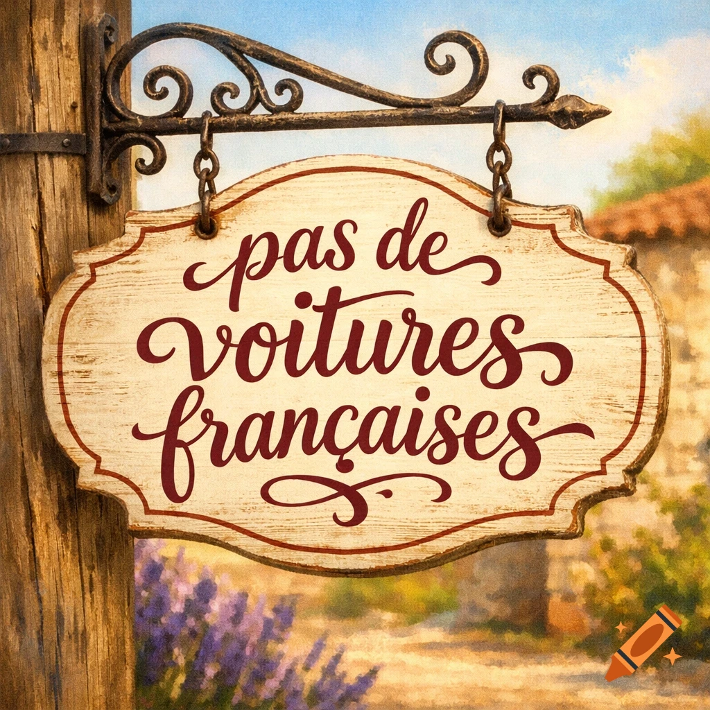 A rustic wooden sign with "pas de voitures fran lccaises" in red script, hanging from a metal bracket on a wooden post, set against a sunny countryside with lavender.