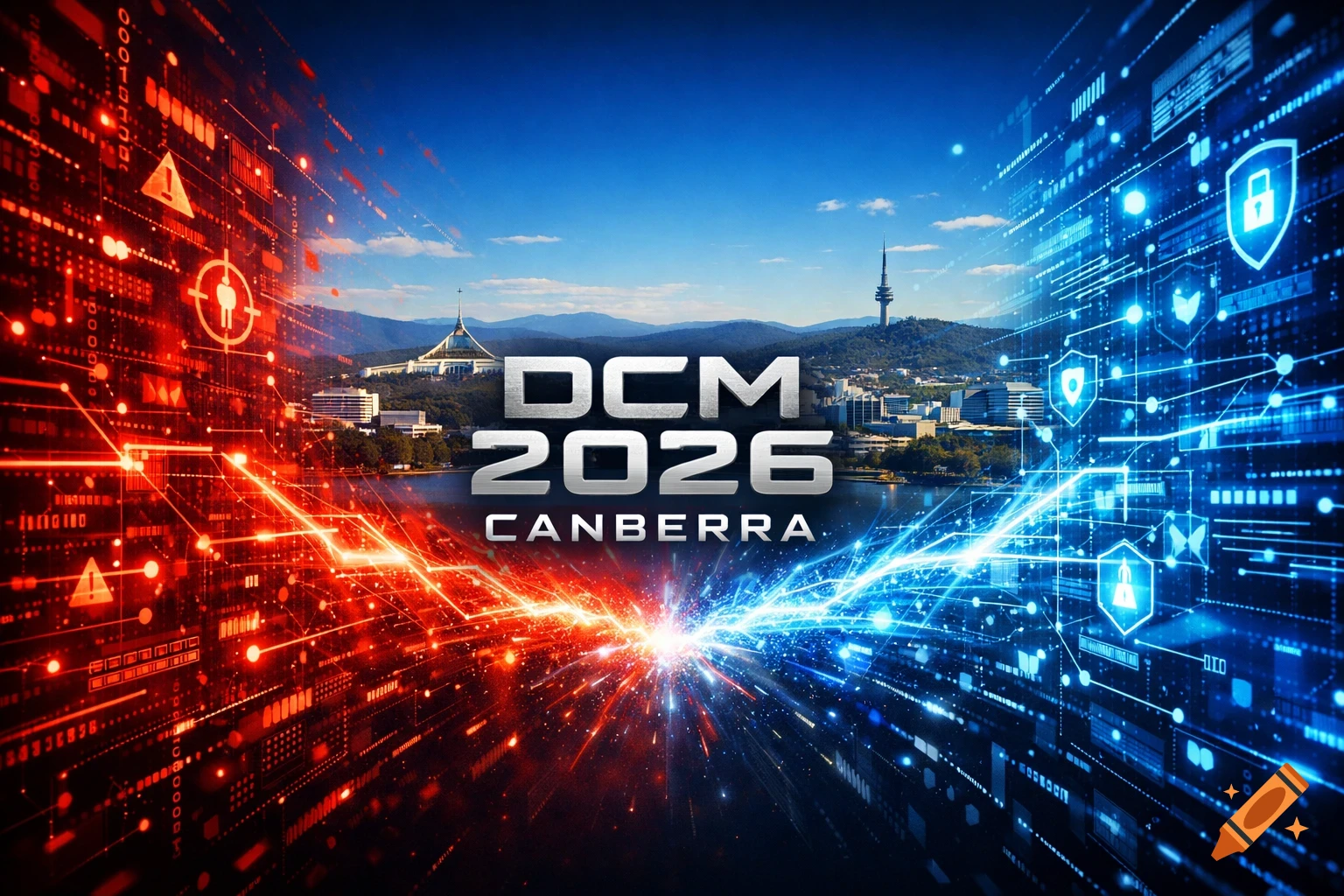 Canberra cityscape with Parliament House and Black Mountain Tower, divided by red cyber attack and blue defense visuals, featuring 'DCM 2026 CANBERRA' text.