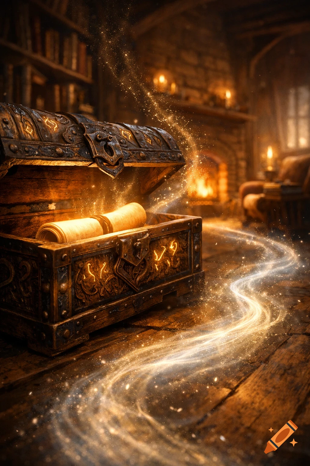 A magical open wooden treasure chest with glowing scrolls, emitting sparkling particles in a dimly lit room with a fireplace and bookshelves.