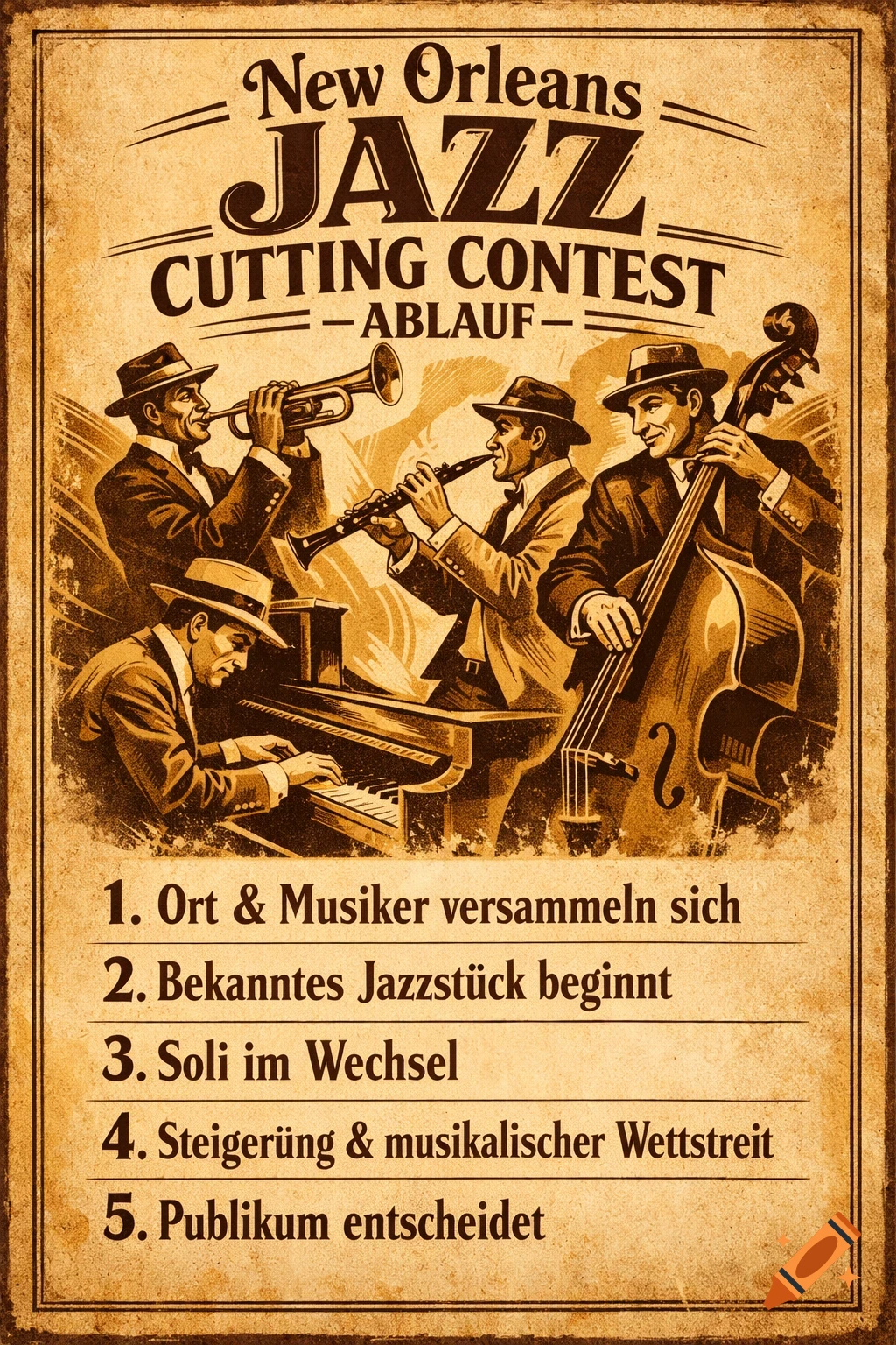 Vintage sepia-toned poster: New Orleans Jazz Cutting Contest, with musicians playing trumpet, clarinet, piano, and bass.