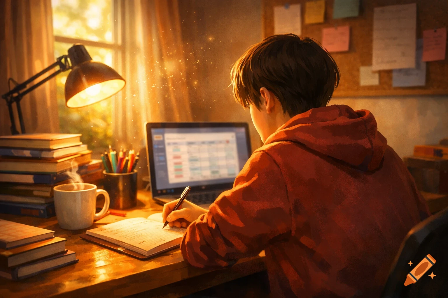 A person with their back to the viewer sits at a desk, writing in a notebook next to a laptop, books, and a steaming mug, bathed in warm, glowing light.