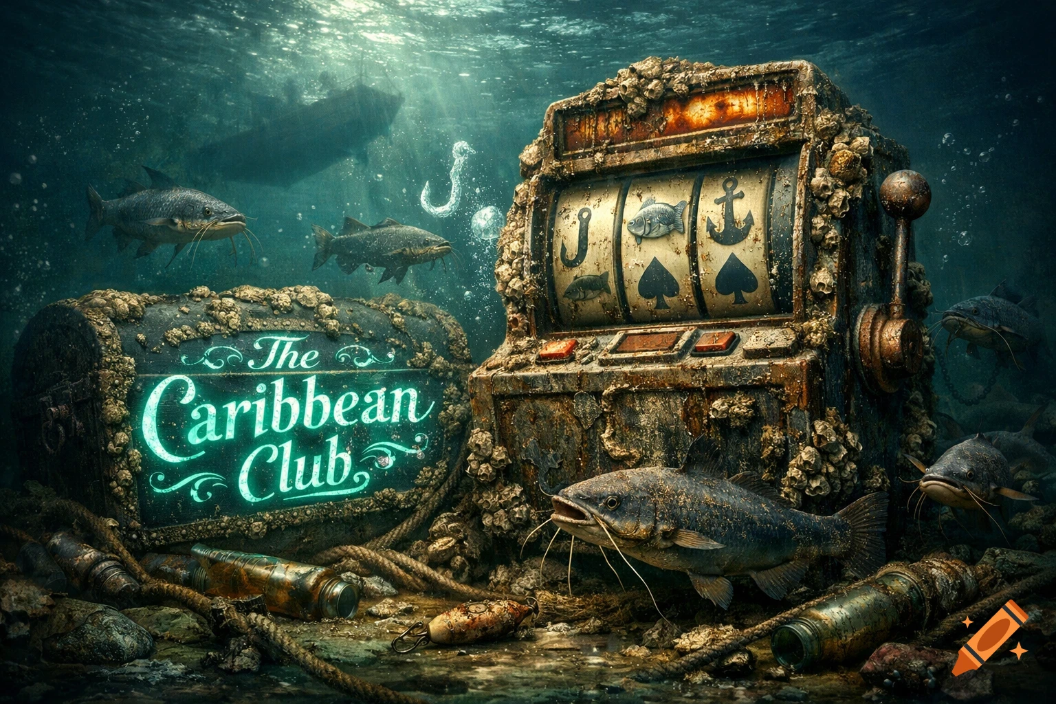 An underwater scene with a rusty slot machine and a glowing treasure chest labeled 'The Caribbean Club'. Catfish, sunken bottles, and a boat silhouette above.