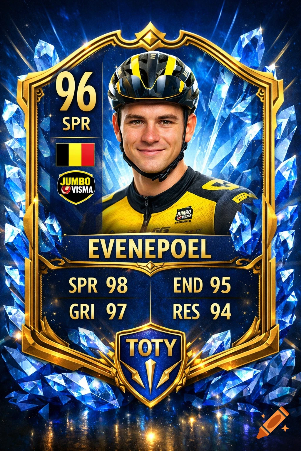A stylized golden and blue trading card for cyclist Evenepoel with stats, a Belgian flag, and a Jumbo Visma logo, set against a background of blue crystals.