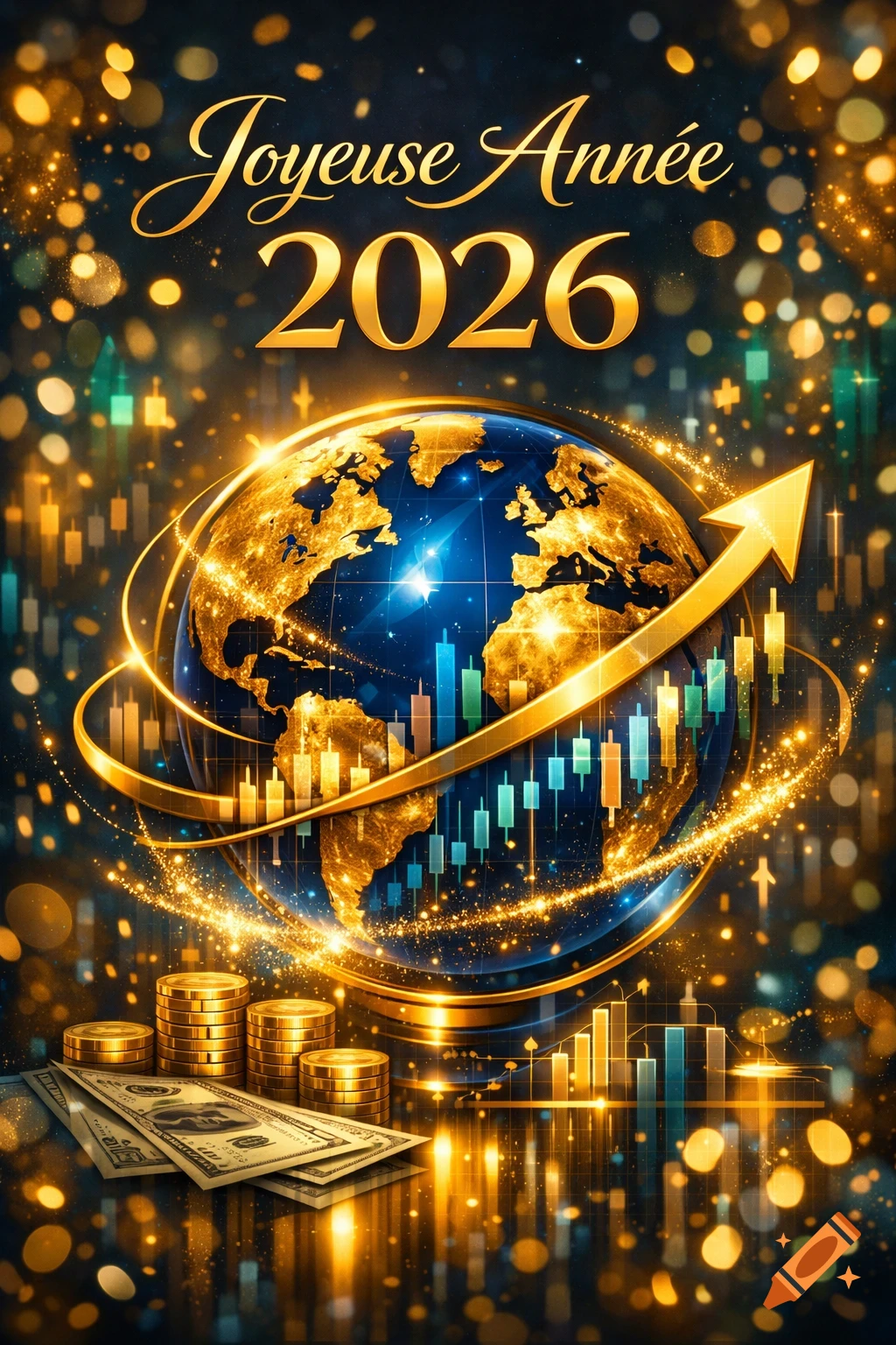 Vibrant golden Happy New Year 2026 illustration with a globe, money, stock charts, and a rising arrow, against a sparkling dark background.