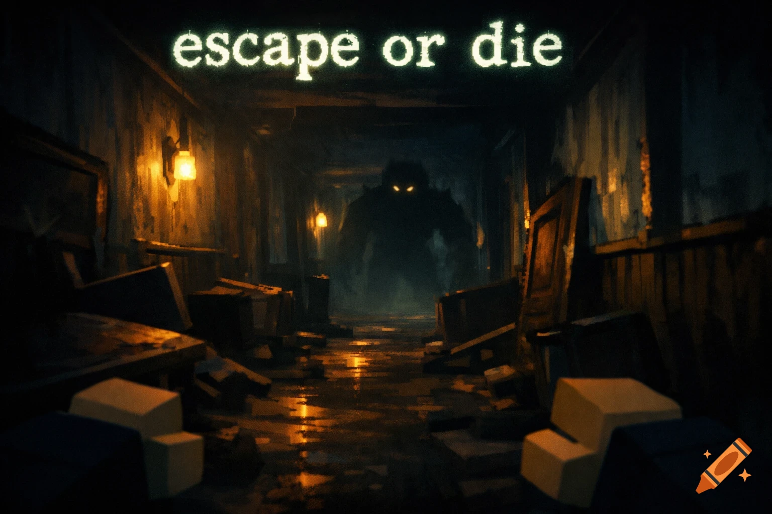 A terrifying monster with glowing eyes lurks in a dark, debris-filled corridor under the text 'escape or die', in a horror game style.