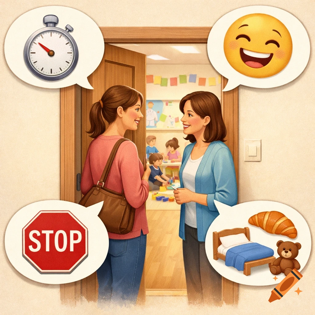 Drawing of two women talking at a kindergarten door. Speech bubbles show a stopwatch, laughing emoji, STOP sign, bed, croissant, and teddy bear.