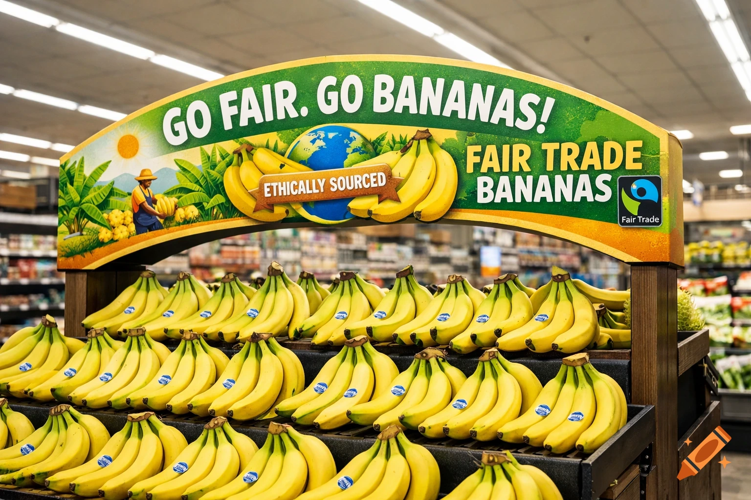 A photorealistic display of fair trade bananas in a supermarket with an advertising arch above them that reads "GO FAIR. GO BANANAS!" and "FAIR TRADE BANANAS".