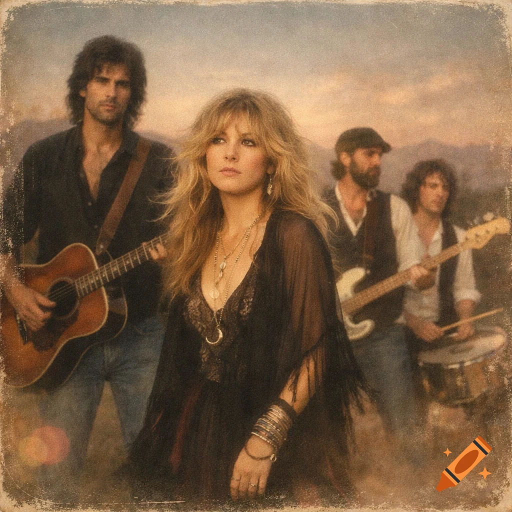 A band with a female lead singer, guitar player, bass player, and drummer posing outdoors at dusk in a vintage photo style.