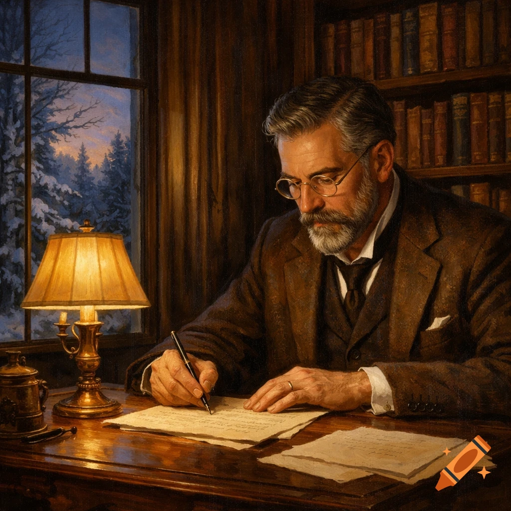 A bearded man in glasses writes at a desk by lamplight in a classical study, with a snowy winter forest visible through the window. Painting style.