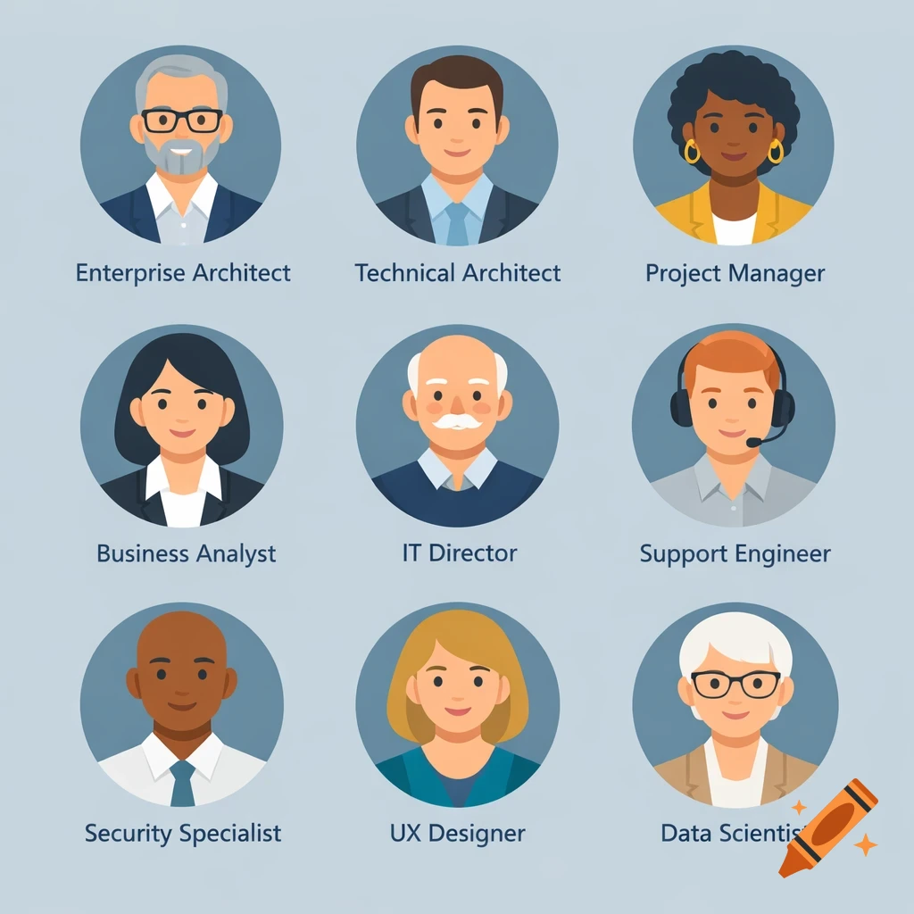 Grid of nine diverse professional avatars in a flat design style, each with a job title below, on a blue-gray background.