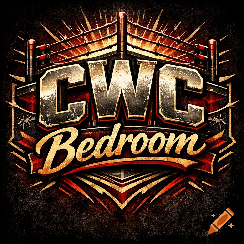 A grunge-style logo featuring a wrestling ring with barbed wire and a banner displaying "CWC Bedroom" in metallic text.
