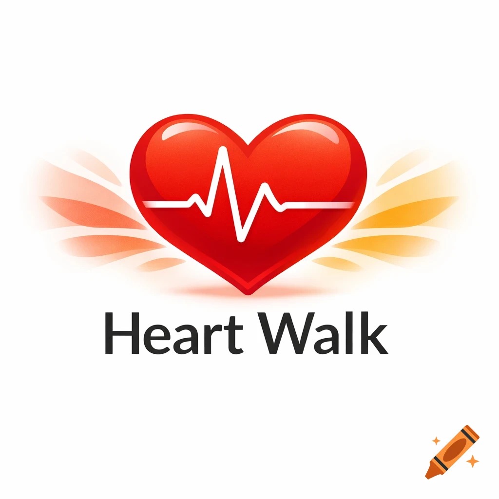 A red heart logo with a white heartbeat line, flanked by orange and red streaks, and the black text 'Heart Walk' below, on a white background.