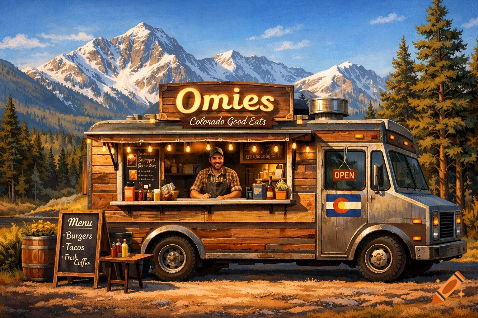 A rustic wooden food truck named Omies, selling "Colorado Good Eats," parked in a scenic mountain landscape with pine trees, under a blue sky, in a painterly style. A man smiles from inside the truck.