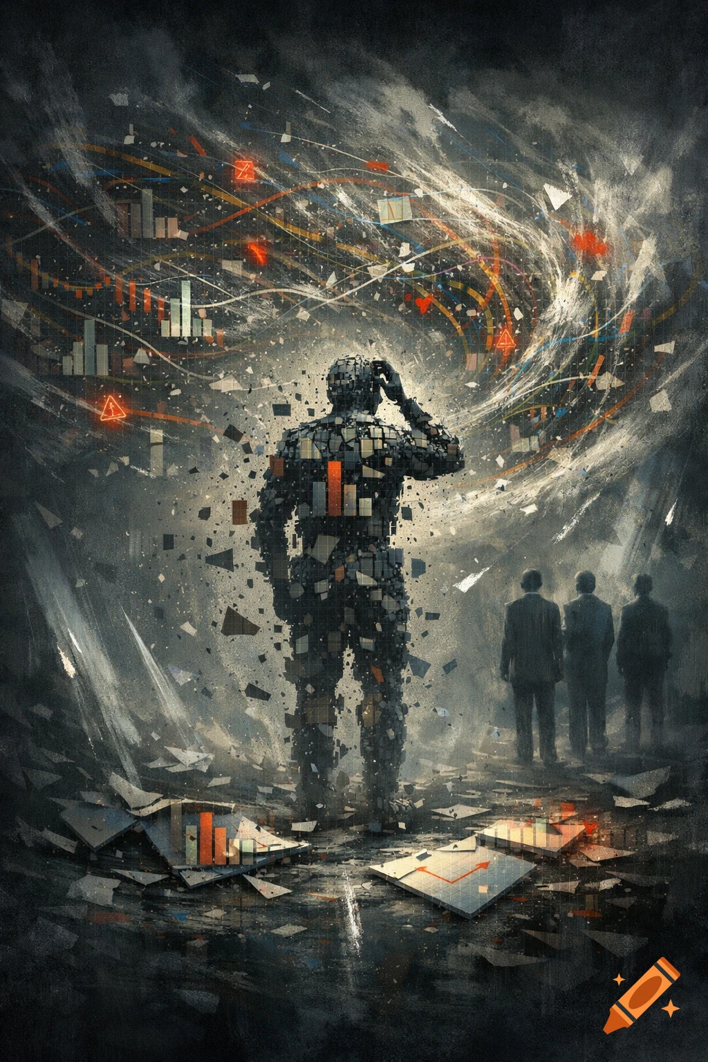 Abstract digital art: Fragmented data-figure, head in hand, overwhelmed by a vortex of charts and graphs, with blurred figures in background.