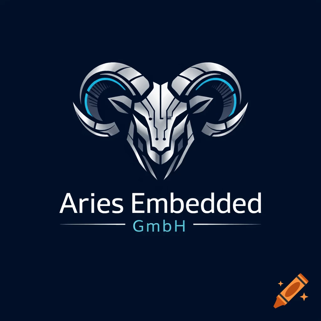 A tech-inspired logo featuring a stylized silver ram's head with circuit patterns and "Aries Embedded GmbH" text.