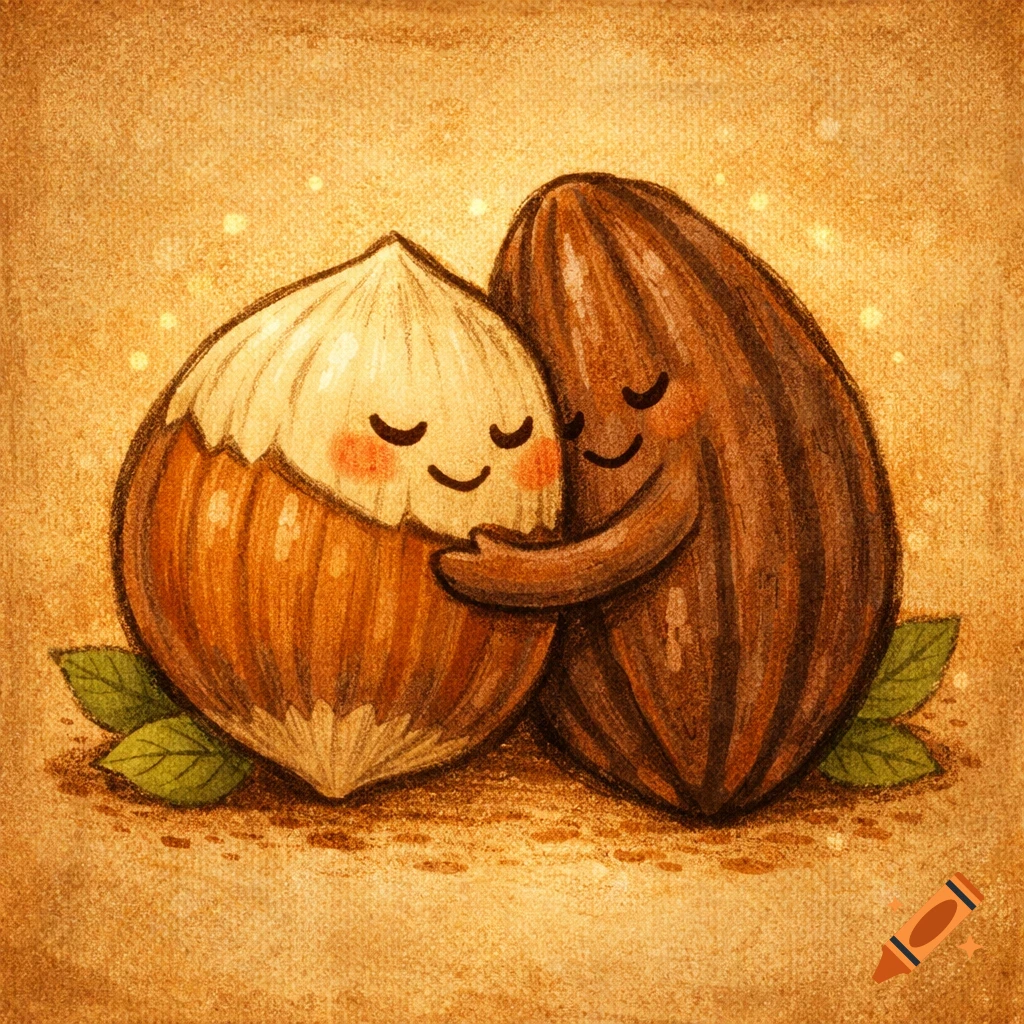 Cute naive illustration of an embracing hazelnut and cocoa bean on a warm, textured background.