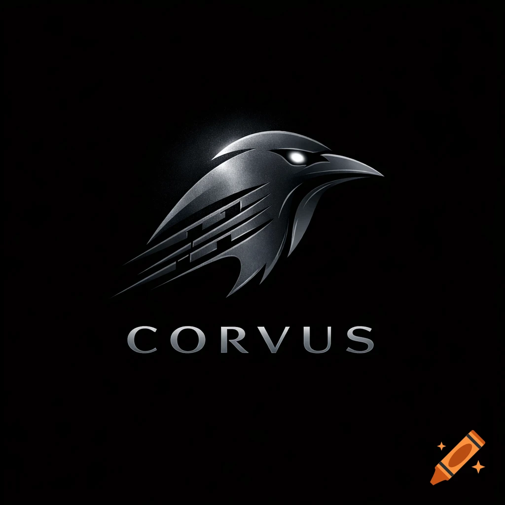 A sleek, metallic stylized crow head logo with glowing eyes above the silver text 'CORVUS' on a black background.