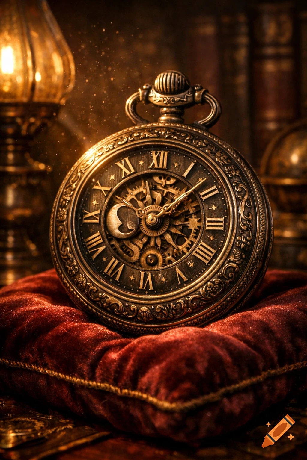 A detailed antique pocket watch with Roman numerals and intricate gears, resting on a red velvet cushion, illuminated by a warm, glowing lamp.