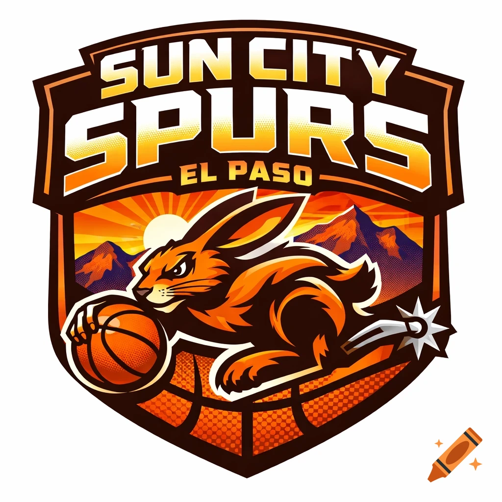A team logo for Sun City Spurs El Paso, featuring an orange rabbit with a basketball, mountains, and a sunburst background.