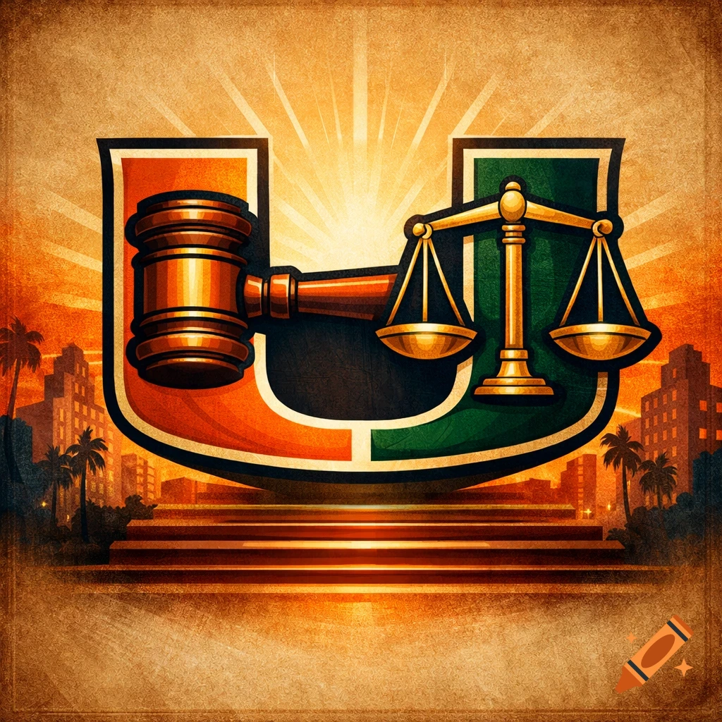 Vintage emblem with an orange and green 'U' logo, a gavel, and scales of justice over a city skyline.