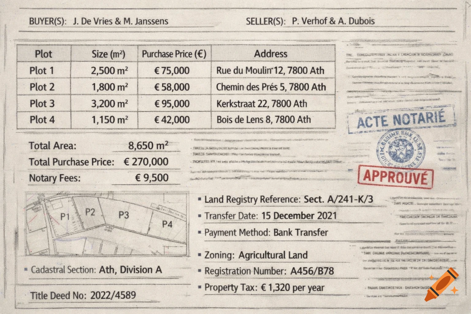 A property purchase document for land in Belgium, showing buyer and seller details, plot sizes, prices, addresses, total costs, fees, and other property-related information.