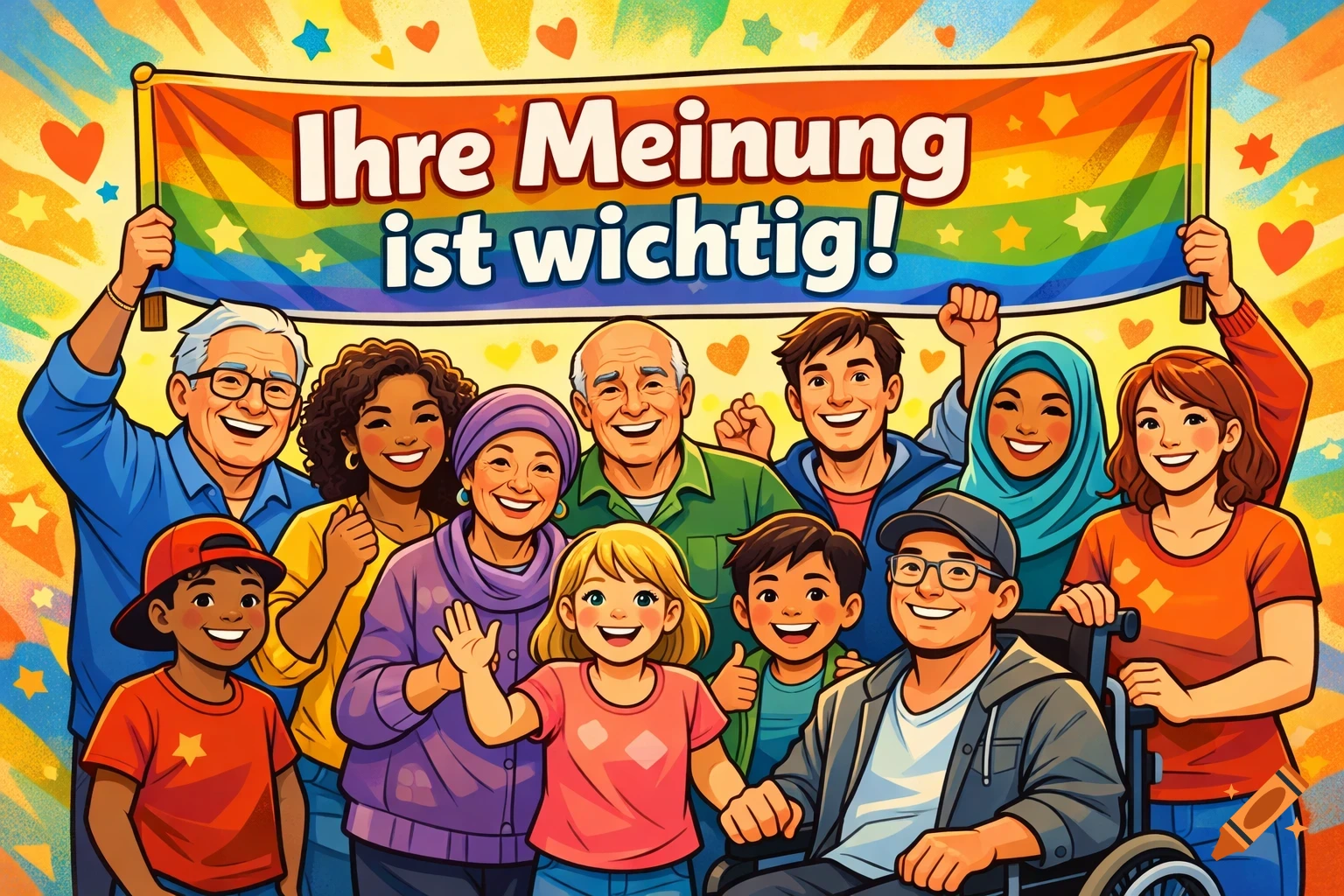 A diverse group of smiling people, including children, adults, and seniors, hold a rainbow banner that reads "Ihre Meinung ist wichtig!" in a colorful comic style.