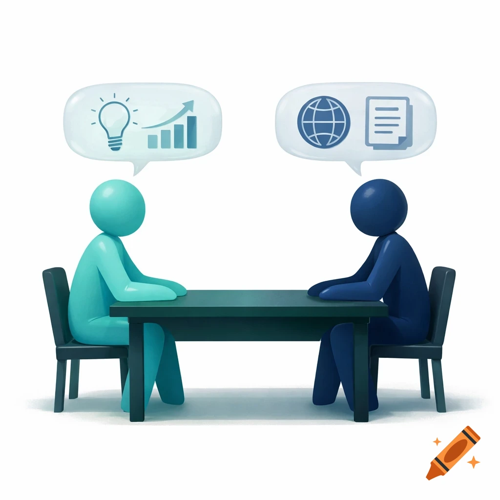 Two stylized aqua and dark blue figures sit at a table, with thought bubbles showing business concepts like ideas, growth, global, and documents.