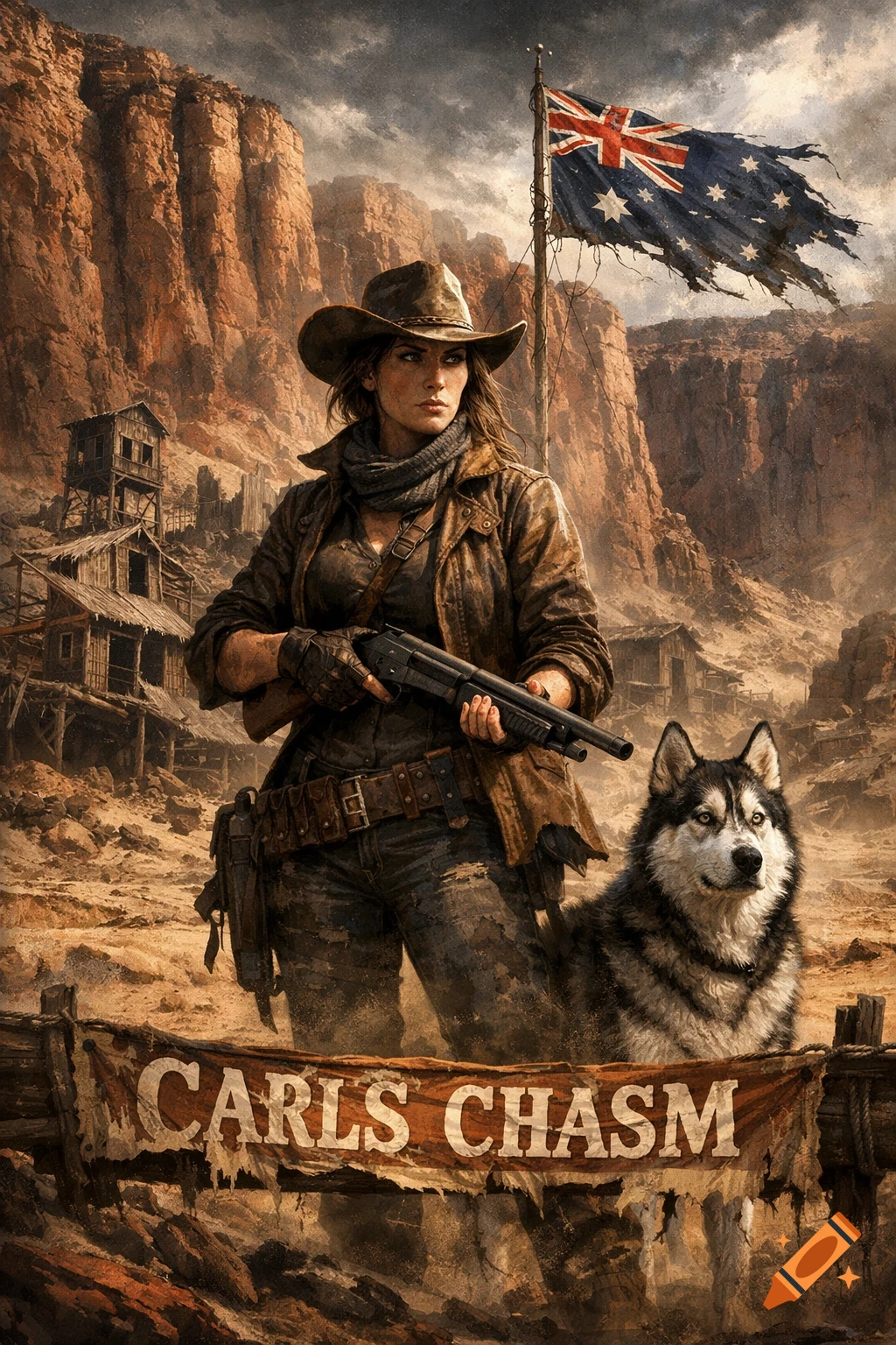A tough woman in a cowboy hat holds a shotgun, standing with a husky in a dusty post-apocalyptic canyon. A tattered Australian flag flies above, and a banner reads 'CARLS CHASM'.