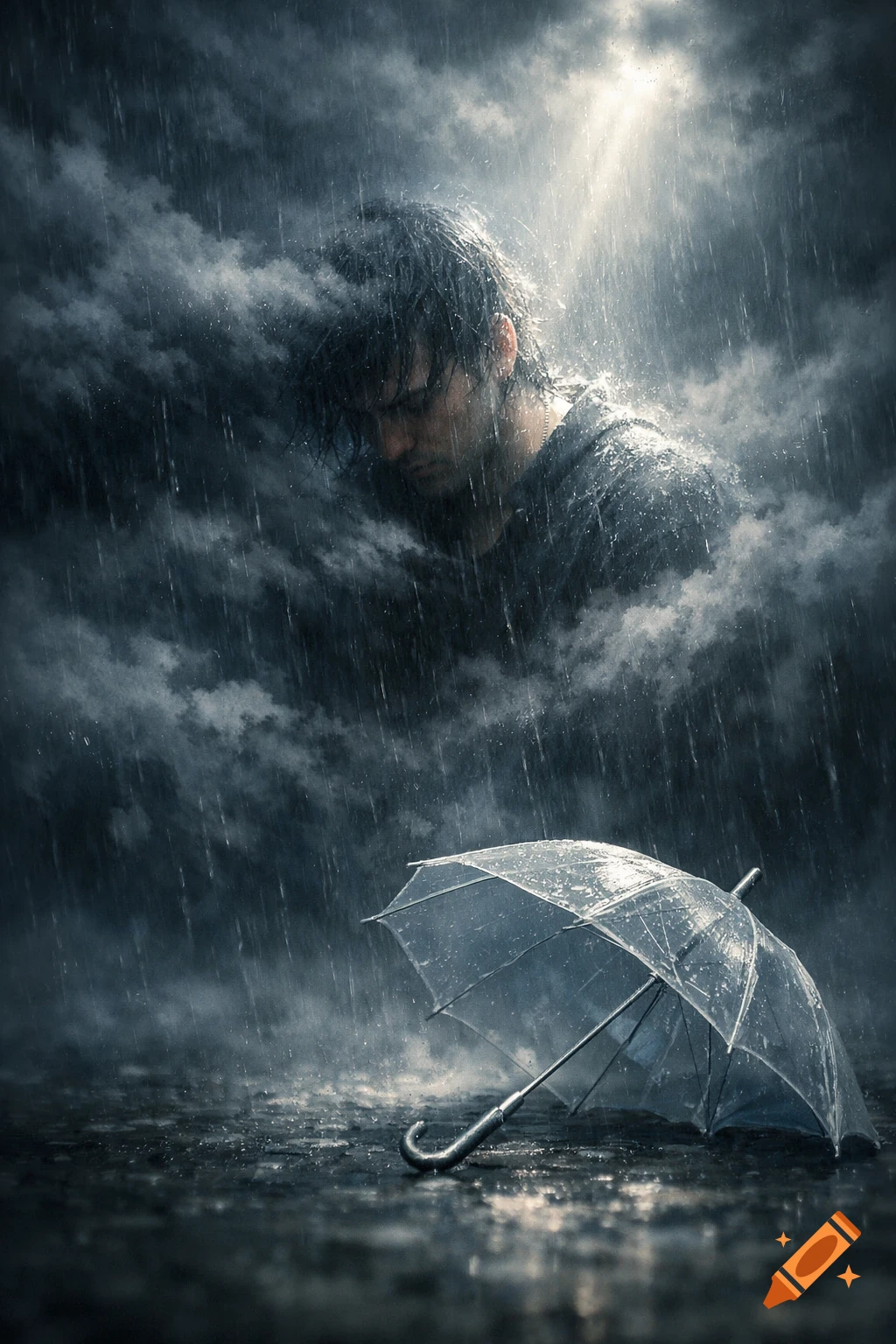 A melancholic man with wet hair looks down in heavy rain, surrounded by dark clouds, with a clear umbrella on the wet ground.