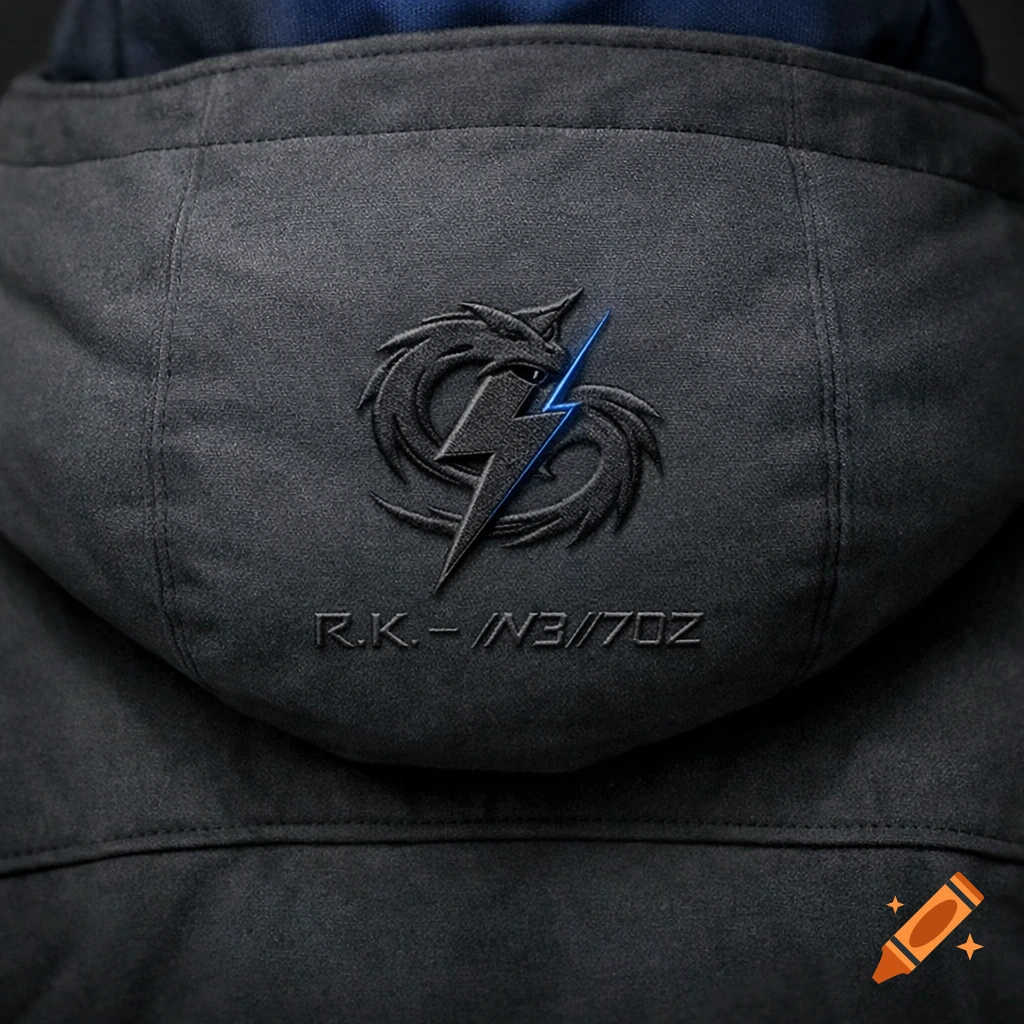 Close-up of the back of a dark gray jacket featuring an embossed black dragon and blue lightning bolt logo, with text "R.K. - /N3//70Z" underneath.
