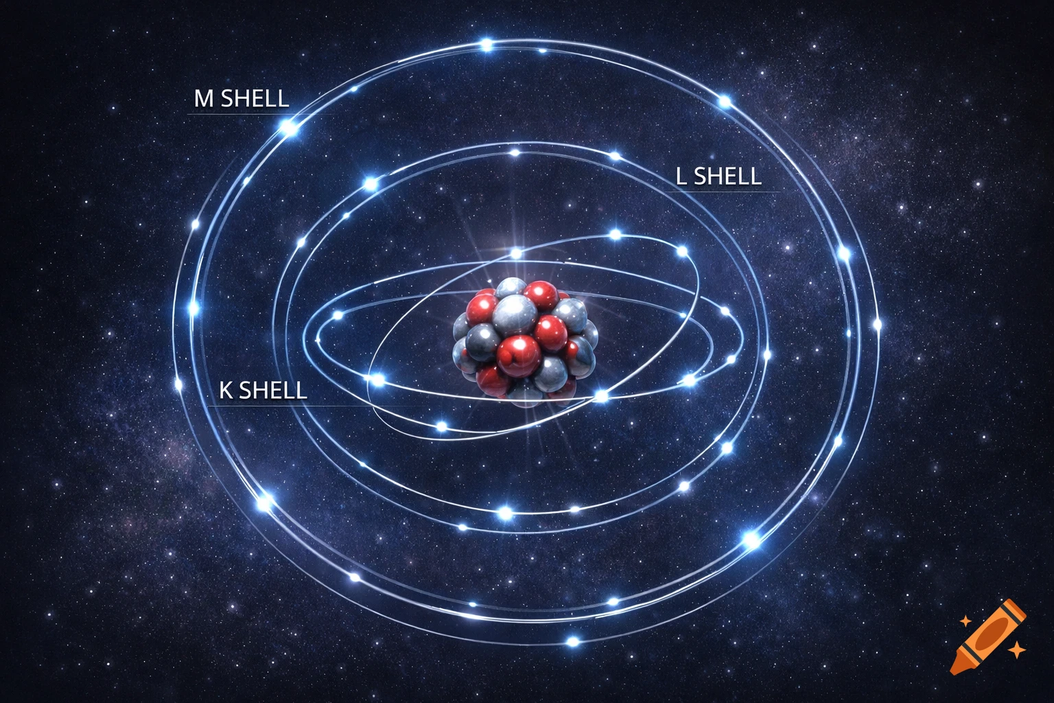 3D model of an atom with a nucleus and glowing electrons in labeled K, L, M shells, set against a dark starry space background.