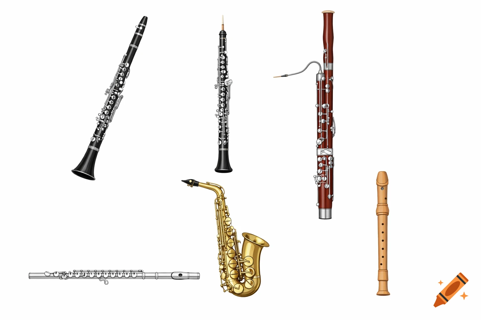 Six woodwind musical instruments: a clarinet, oboe, bassoon, flute, saxophone, and recorder, arranged on a white background in an educational illustration style.