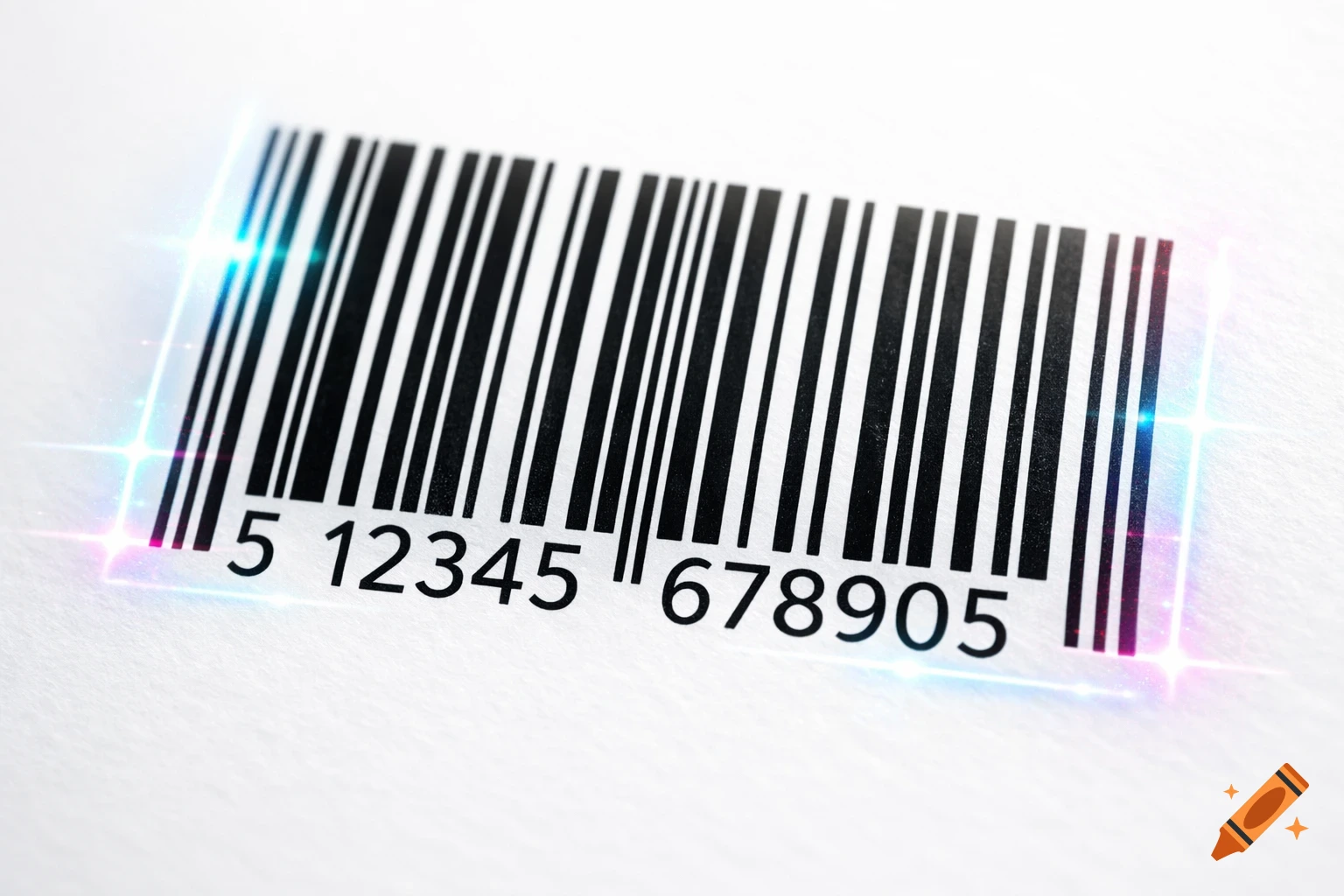 Close-up of a barcode with numbers 5 12345 678905, highlighted with blue and pink light flares, on a white background.