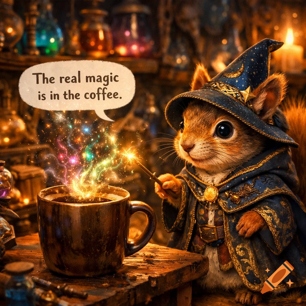 A cute squirrel mage in an arcane lab points a magic wand at a coffee cup, saying "The real magic is in the coffee." Colorful sparks rise from the coffee.