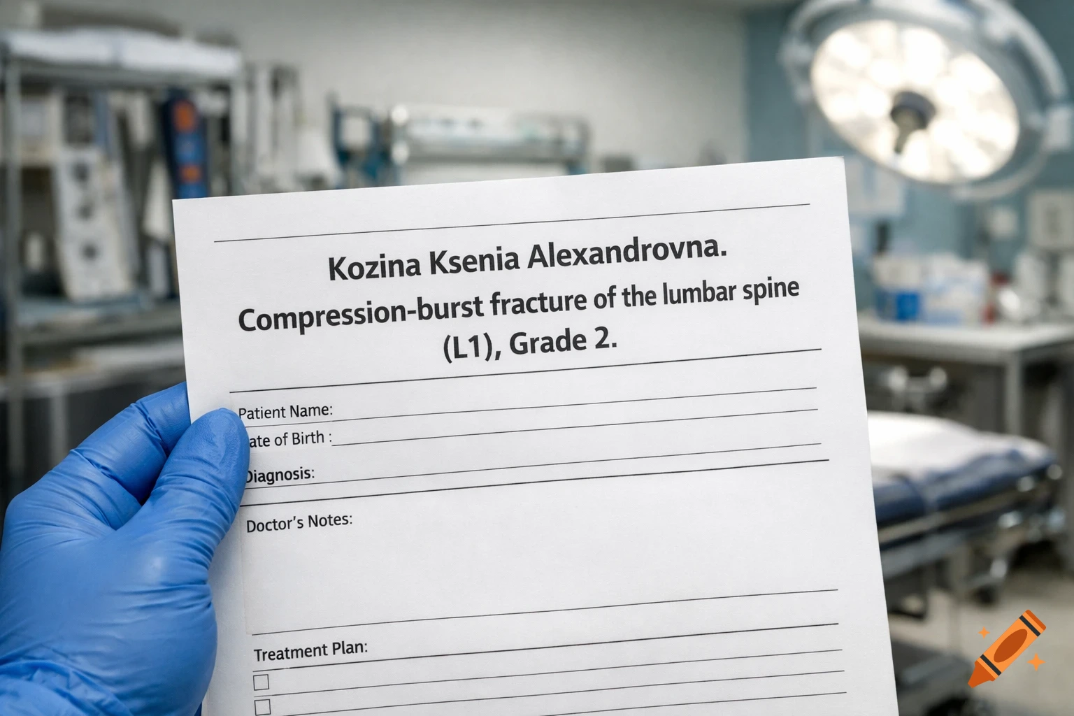 Hand in blue medical glove holding a diagnostic form in a medical room with surgical lamp and table.