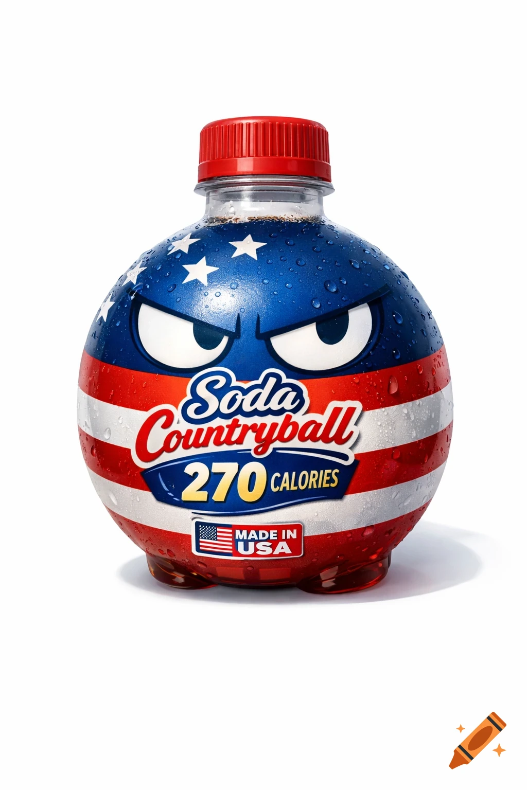 A spherical soda bottle decorated with the American flag, angry cartoon eyes, and the label 'Soda Countryball 270 CALORIES Made in USA', covered in condensation.