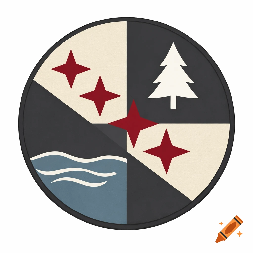 A circular emblem with a quartered background of light tan and dark grey. It features red four-pointed stars, a white pine tree, and blue waves.